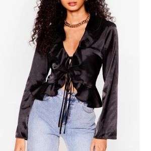 Satin tie ruffle front blouse